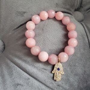 Yoga Meditation Pink Genuine  Beaded Bracelet with Hamsa Charm
